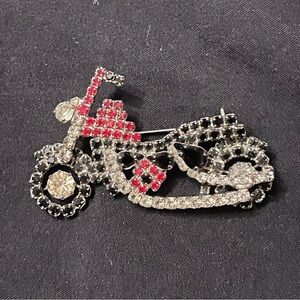 Vintage Silver Tone Motorcycle Rhinestone Brooch with red and black crystals